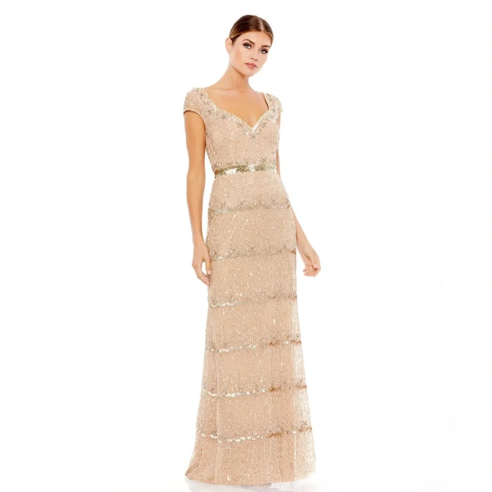 Mac Duggal cap sleeve sequin beaded embellished column gown nude 11175_3